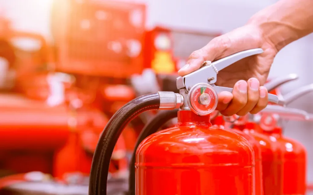 fire extinguisher man squeezing handle
