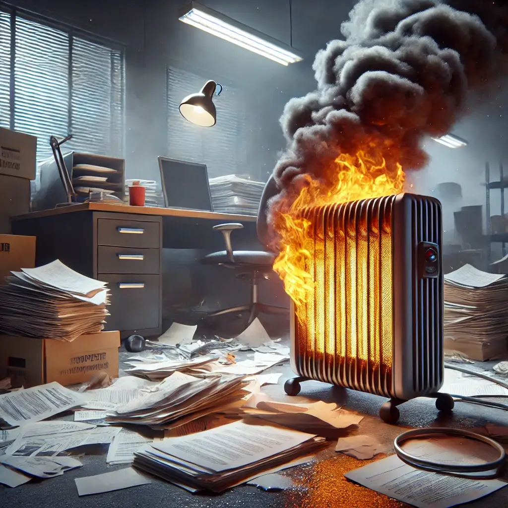 realistic and dramatic image showing heating equipment placed too close to combustible materials in an office or industrial setting. the scene featu