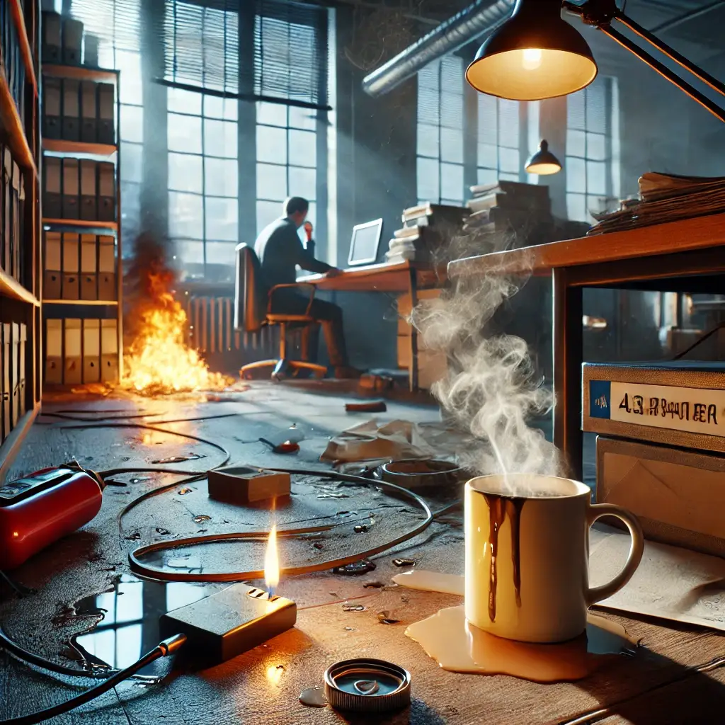 realistic image depicting carelessness and negligence contributing to a workplace fire. the scene shows an office or industrial setting where an emp
