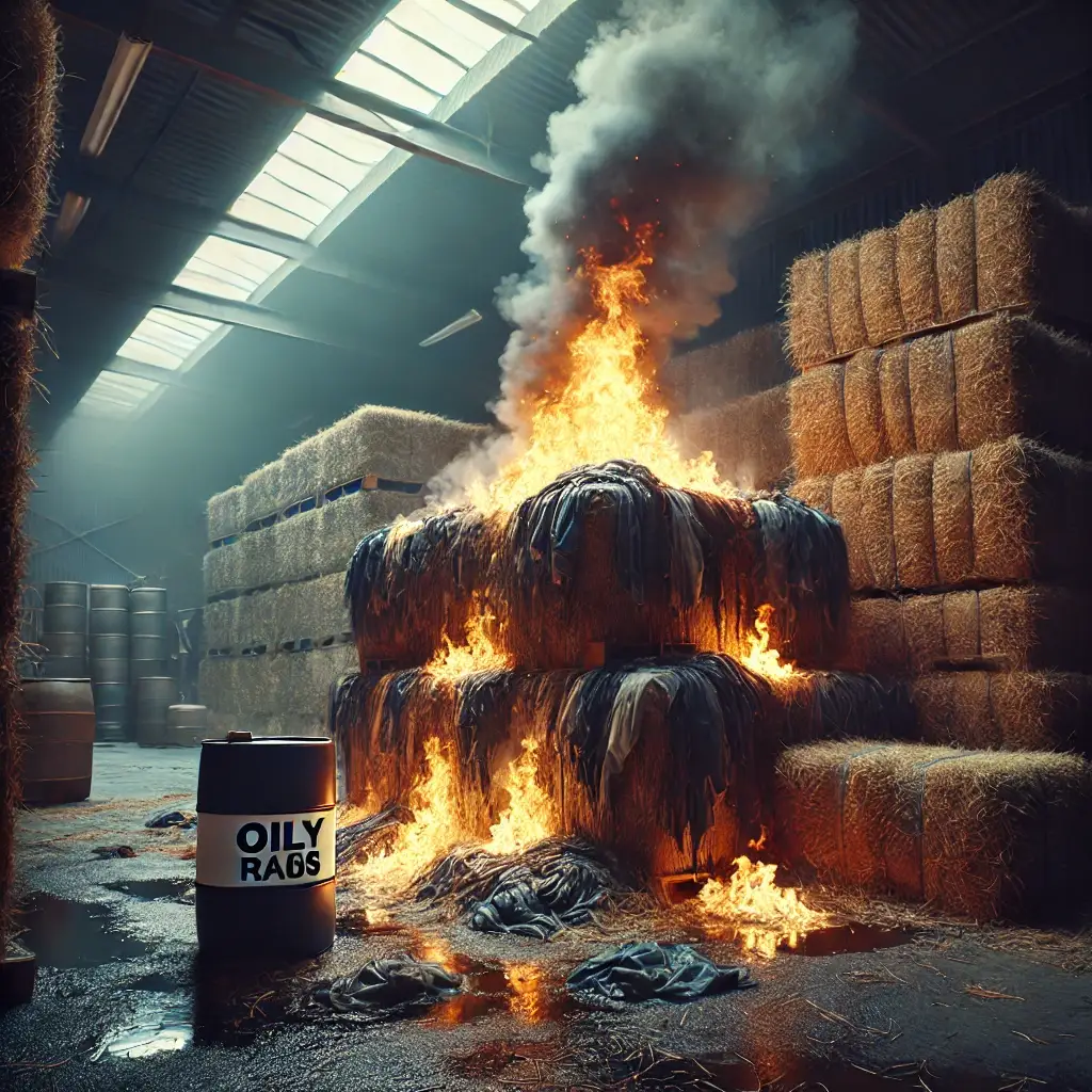 realistic image showing materials that can spontaneously combust, such as oily rags and hay, in an industrial or agricultural setting. the scene fea