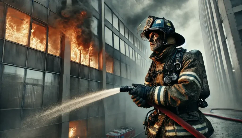 weathered firefighter at office building illustration