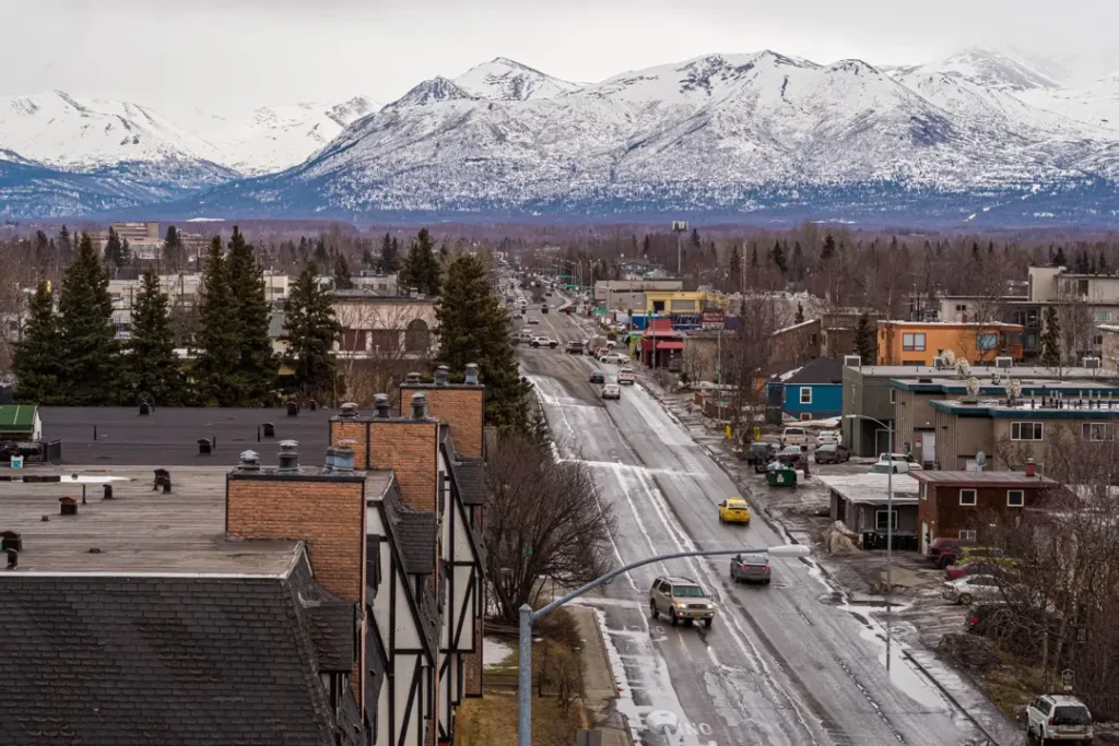 badger alaska main street mountains background